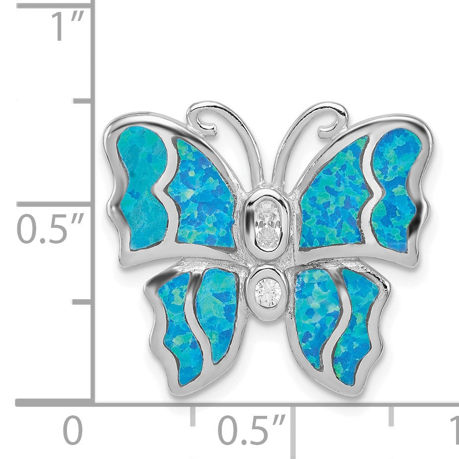 Sterling Silver Rhodium- plated Inlay Blue Created Opal Butterfly Pendant