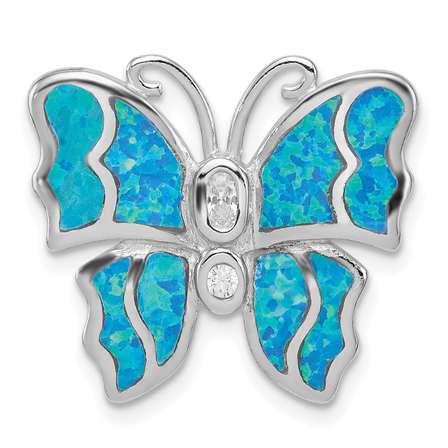 Sterling Silver Rhodium- plated Inlay Blue Created Opal Butterfly Pendant