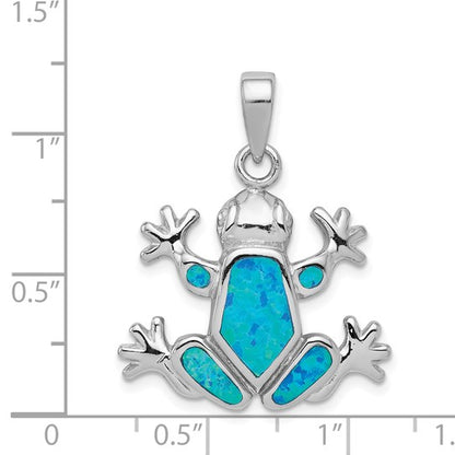Sterling Silver Rhodium-plated Blue Inlay Created Opal Frog Pendant