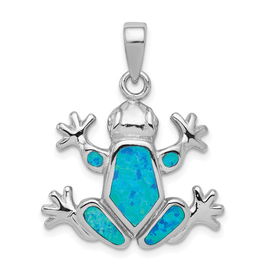 Sterling Silver Rhodium-plated Blue Inlay Created Opal Frog Pendant