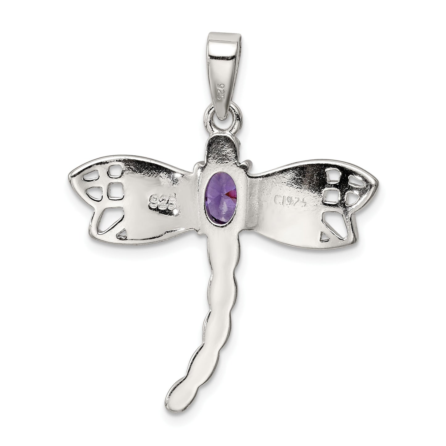 Sterling Silver Rhodium-plated Created Opal Dragonfly Amethyst Pendant