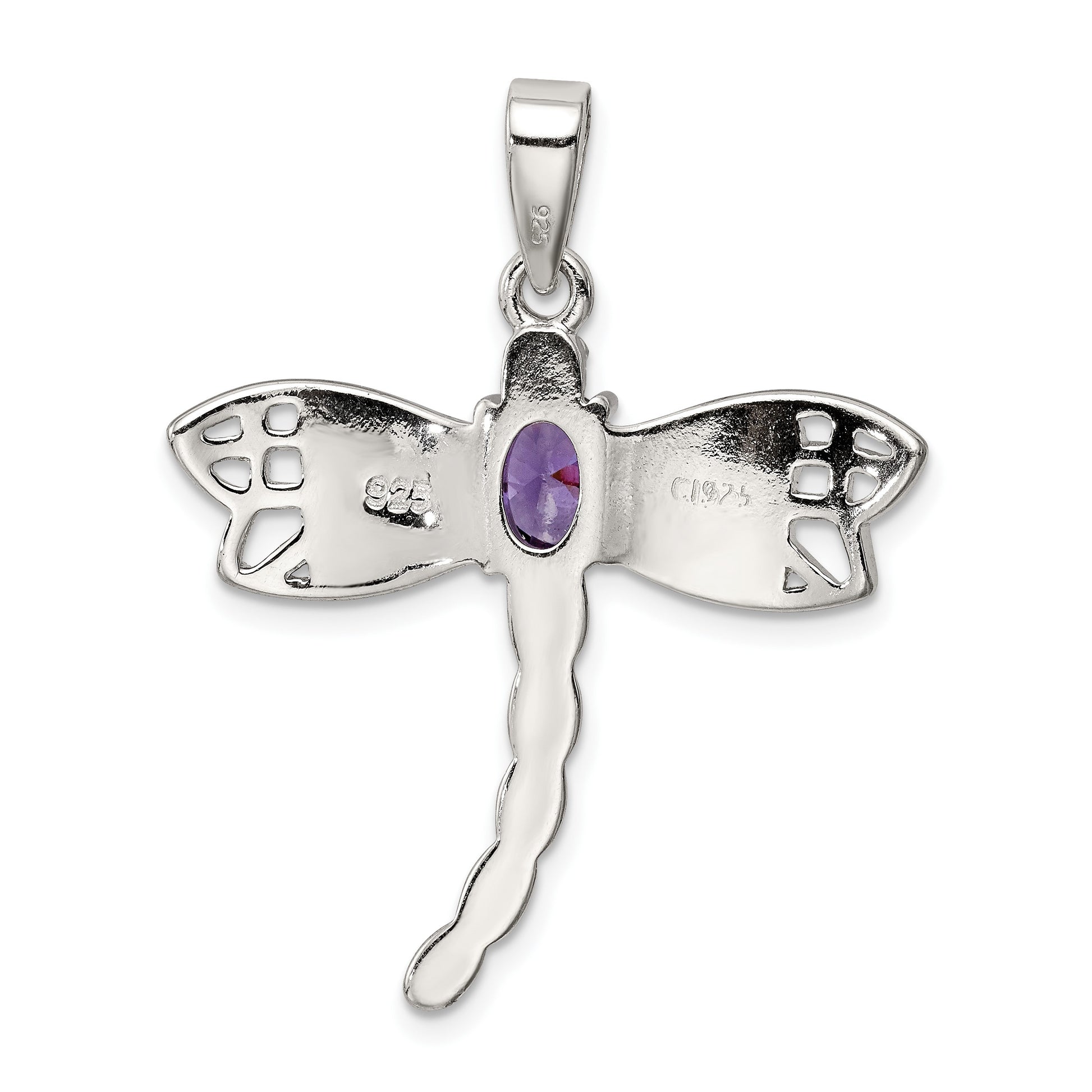 Sterling Silver Rhodium-plated Created Opal Dragonfly Amethyst Pendant