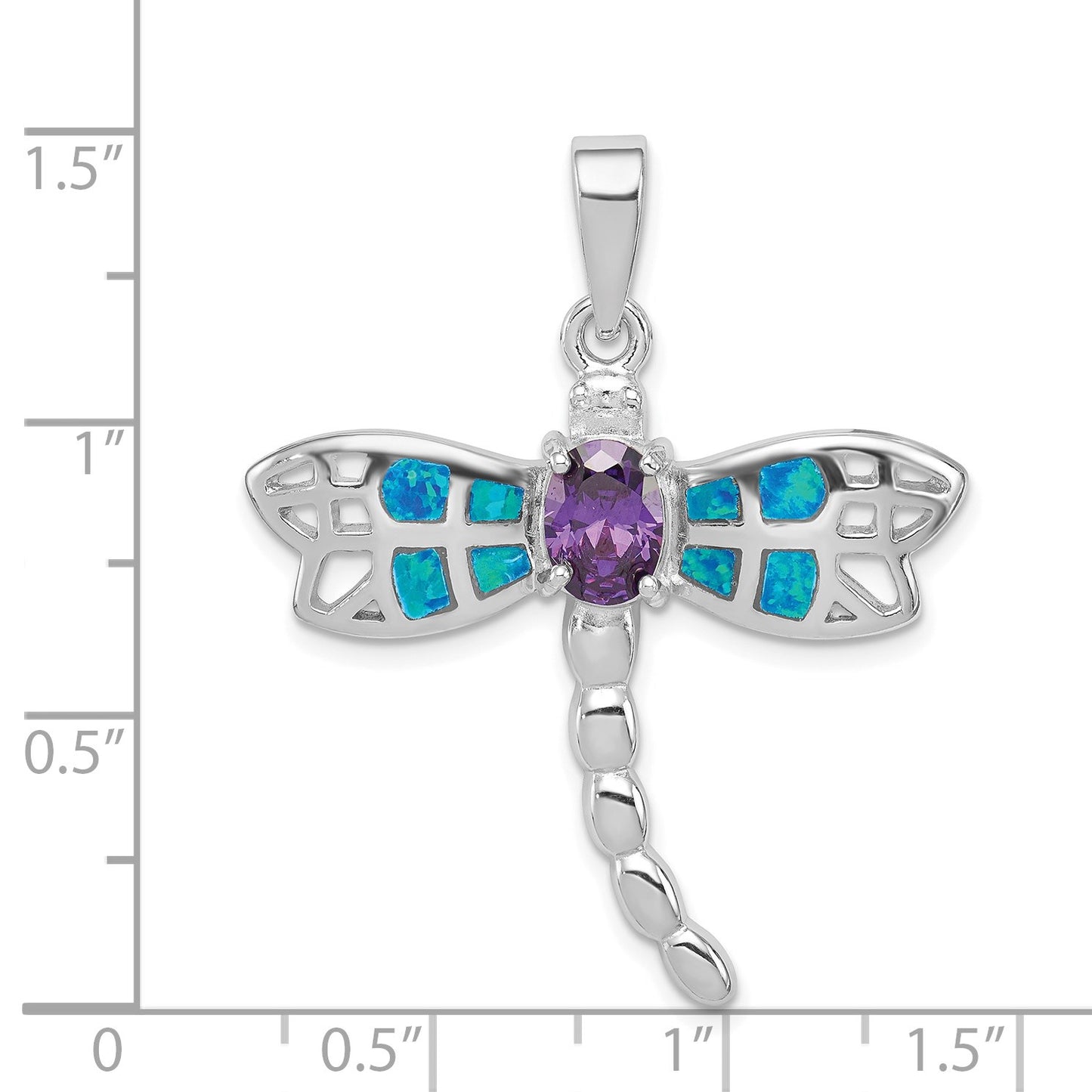 Sterling Silver Rhodium-plated Created Opal Dragonfly Amethyst Pendant