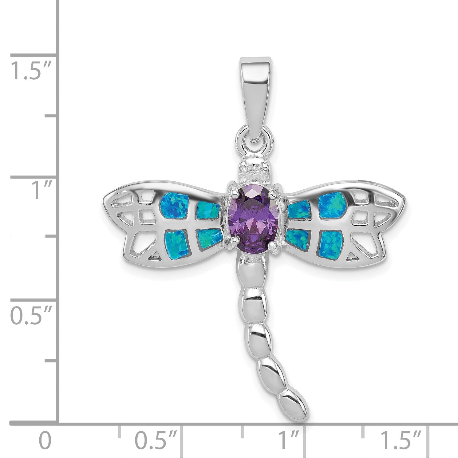 Sterling Silver Rhodium-plated Created Opal Dragonfly Amethyst Pendant