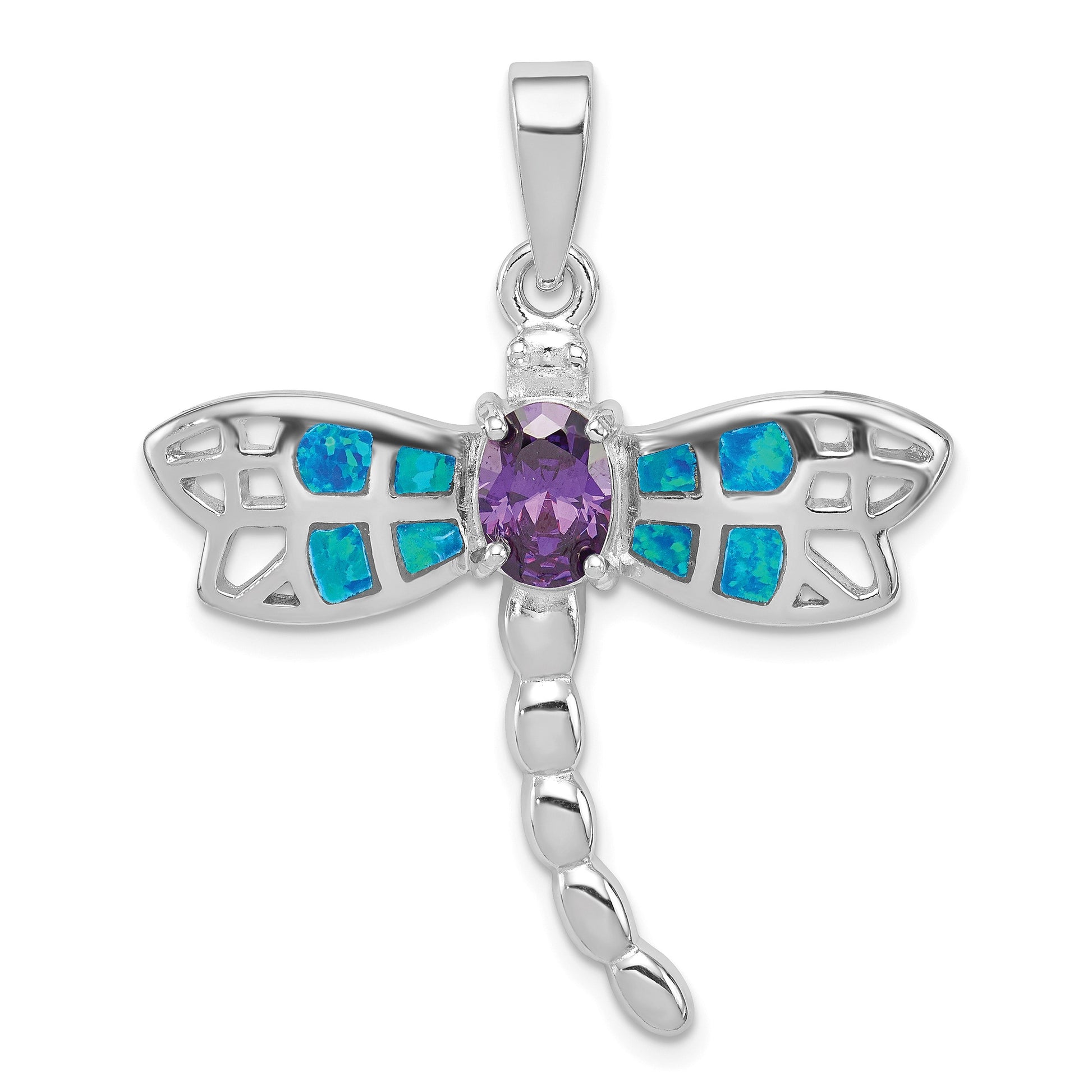 Sterling Silver Rhodium-plated Created Opal Dragonfly Amethyst Pendant