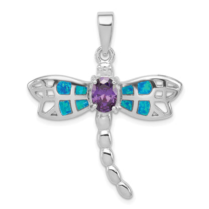 Sterling Silver Rhodium-plated Created Opal Dragonfly Amethyst Pendant