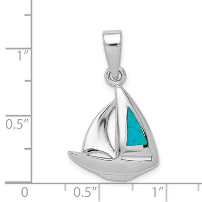 Sterling Silver Rhodium-plated Blue Inlay Created Opal Sailboat Pendant
