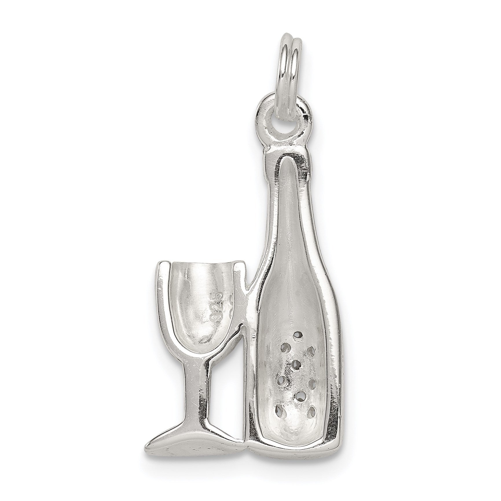 Sterling Silver CZ Wine/Champagne Bottle/Glass Charm Pendant