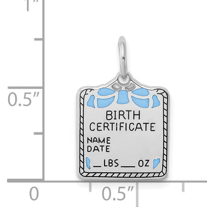 Sterling Silver Rhodium-plated Blue Birth Certificate Polished Charm