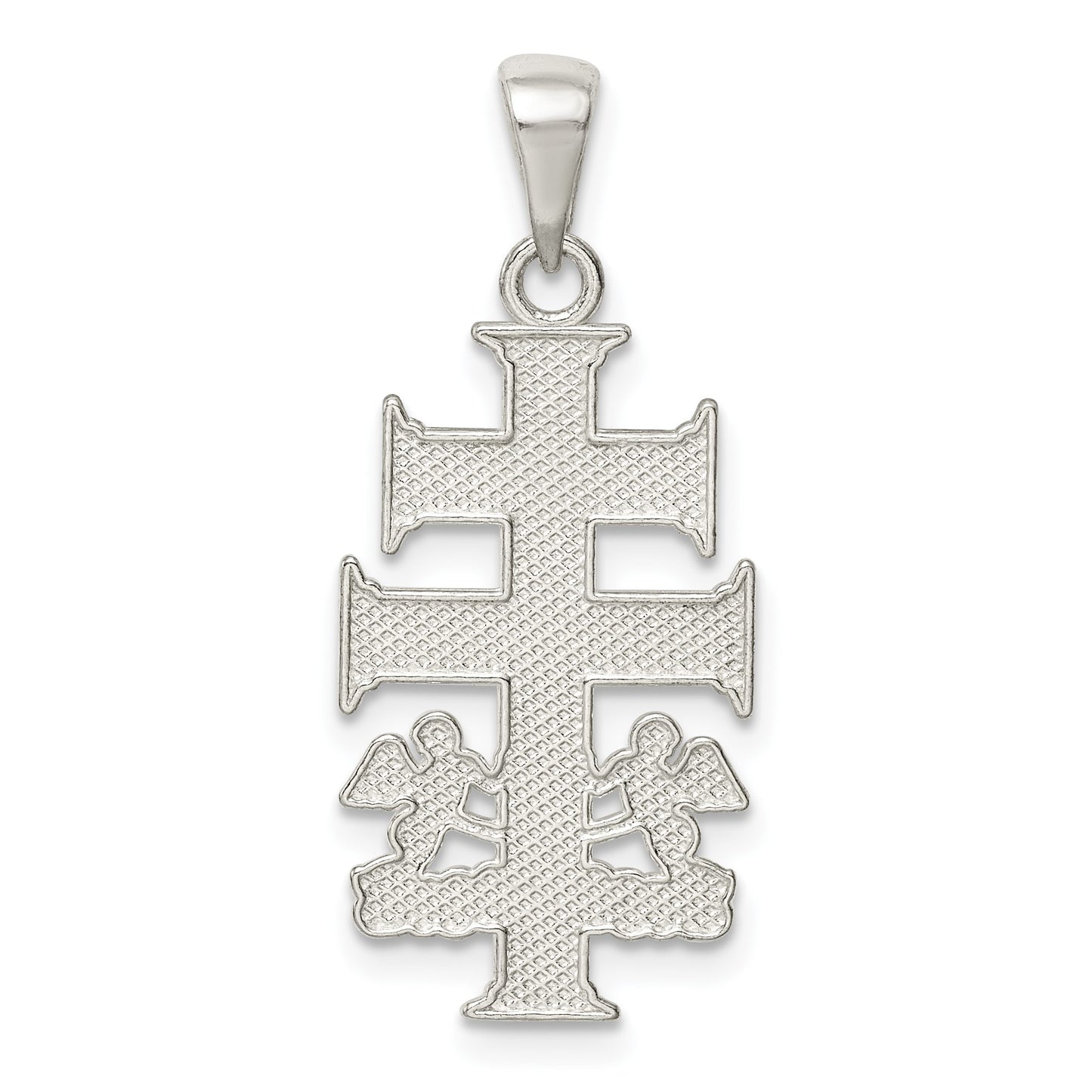 Sterling Silver Polished Caravaca Double Cross w/Angels Crucifix Pendant