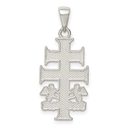 Sterling Silver Polished Caravaca Double Cross w/Angels Crucifix Pendant