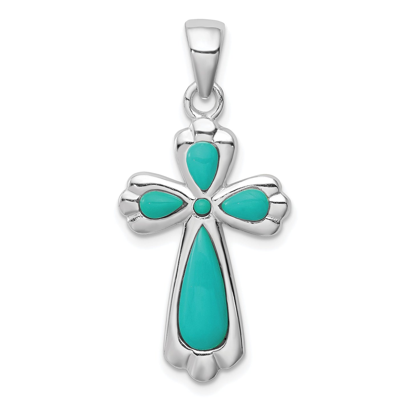 Sterling Silver Rhodium-plated Polished Imitation Turquoise Cross Pendant