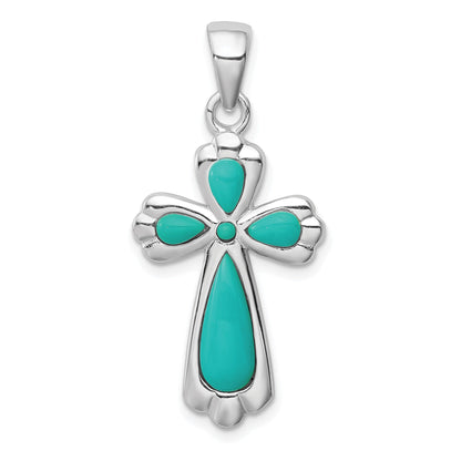 Sterling Silver Rhodium-plated Polished Imitation Turquoise Cross Pendant