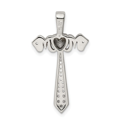 Sterling Silver Polished Rhodium & Rose Gold-plated Mom CZ Cross Pendant