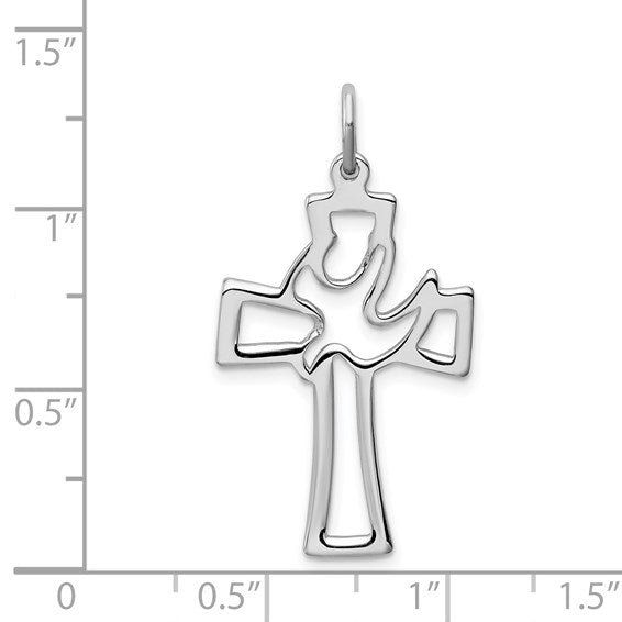 Sterling Silver Platinum-plated Polished Cut-out Dove Cross Pendant