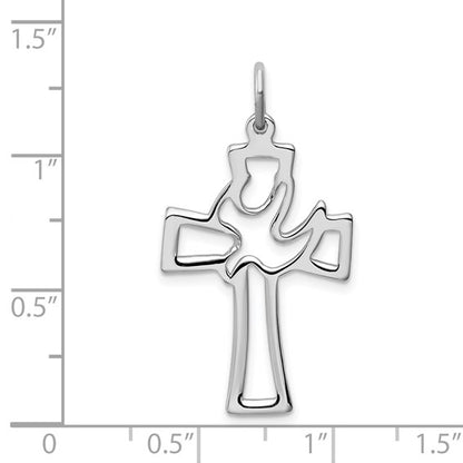 Sterling Silver Platinum-plated Polished Cut-out Dove Cross Pendant