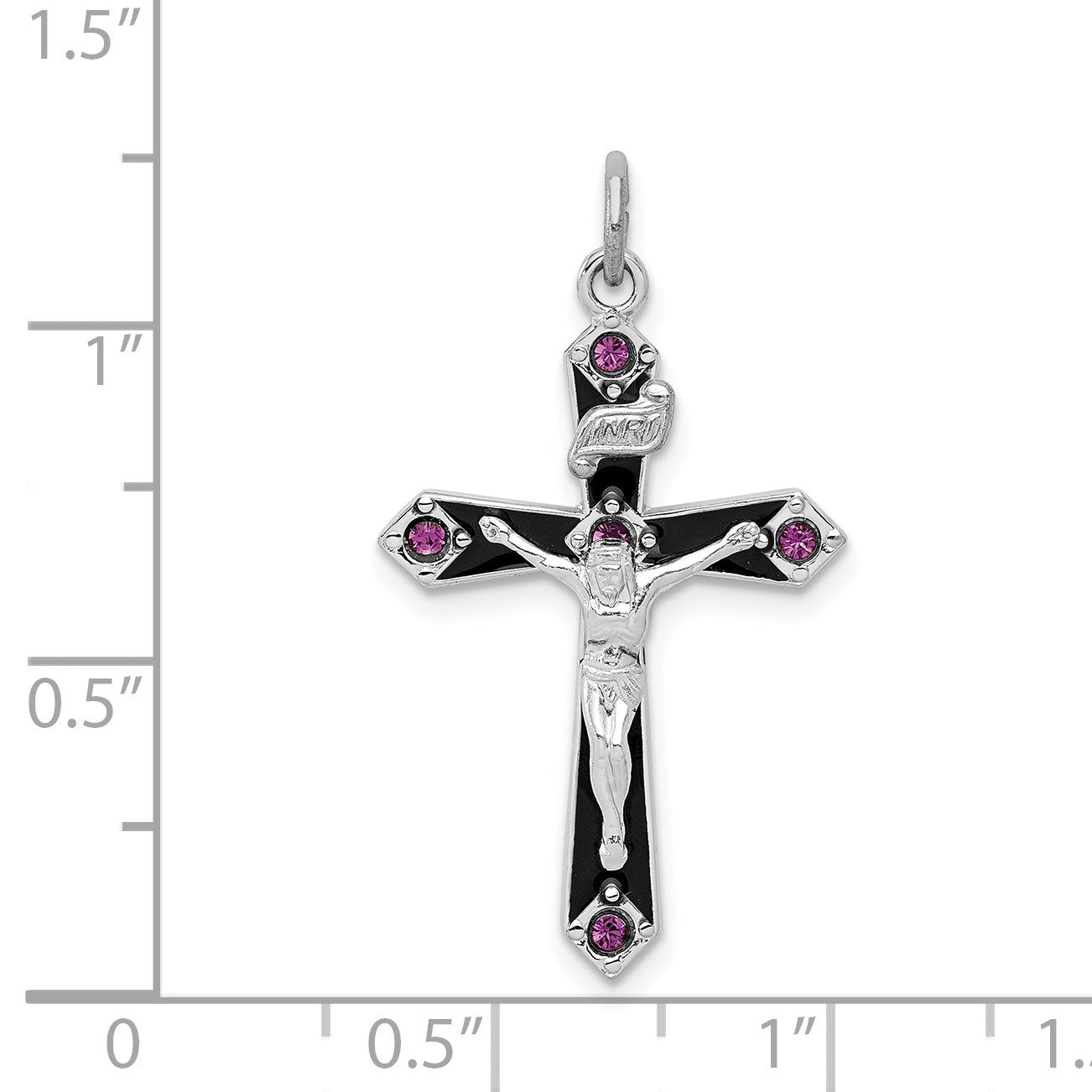 Sterling Silver Platinum-plated Black Epxy Purple CZ INRI Cross Pendant