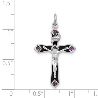 Sterling Silver Platinum-plated Black Epxy Purple CZ INRI Cross Pendant