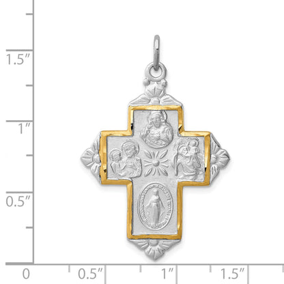 Sterling Silver Platinum-plated & Gold-tone 4-Way Medal Cross Pendant