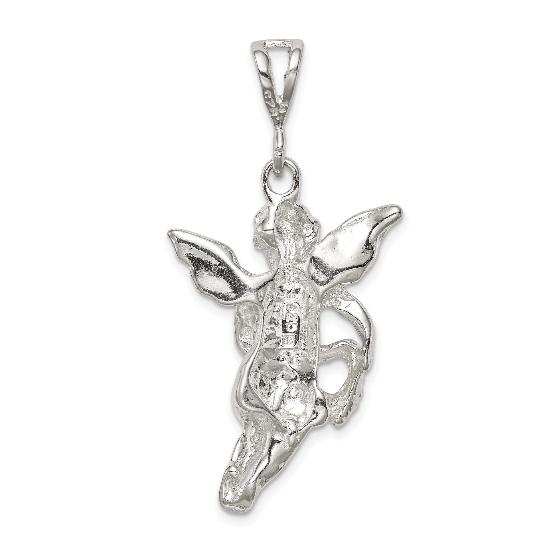 Sterling Silver Polished & Textured Flying Angel w/Heart Pendant