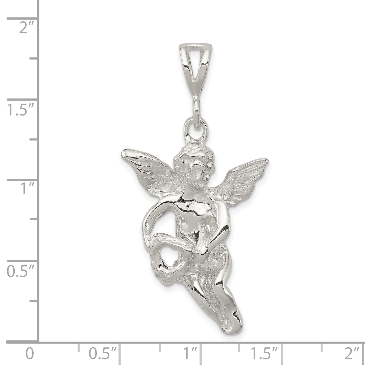 Sterling Silver Polished & Textured Flying Angel w/Heart Pendant