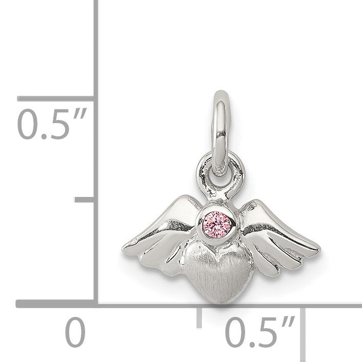 Sterling Silver Rhod-pltd Polished/Satin Heart w/Wings Pink CZ Pendant