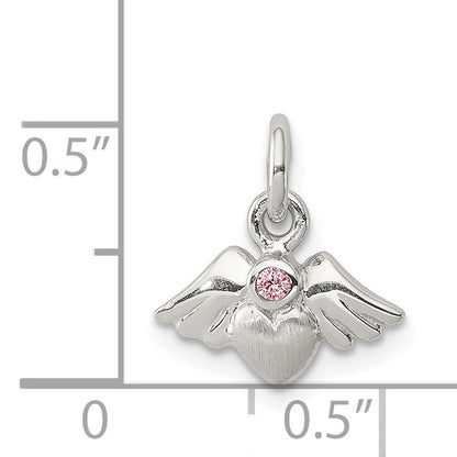Sterling Silver Rhod-pltd Polished/Satin Heart w/Wings Pink CZ Pendant