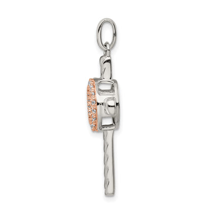 Sterling Silver Plat-plate Rose & Gold-tone Vibrant CZ Cross Pendant