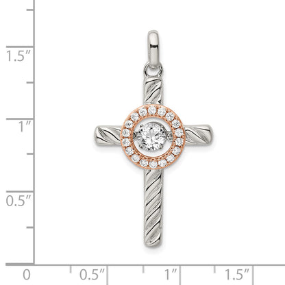 Sterling Silver Plat-plate Rose & Gold-tone Vibrant CZ Cross Pendant