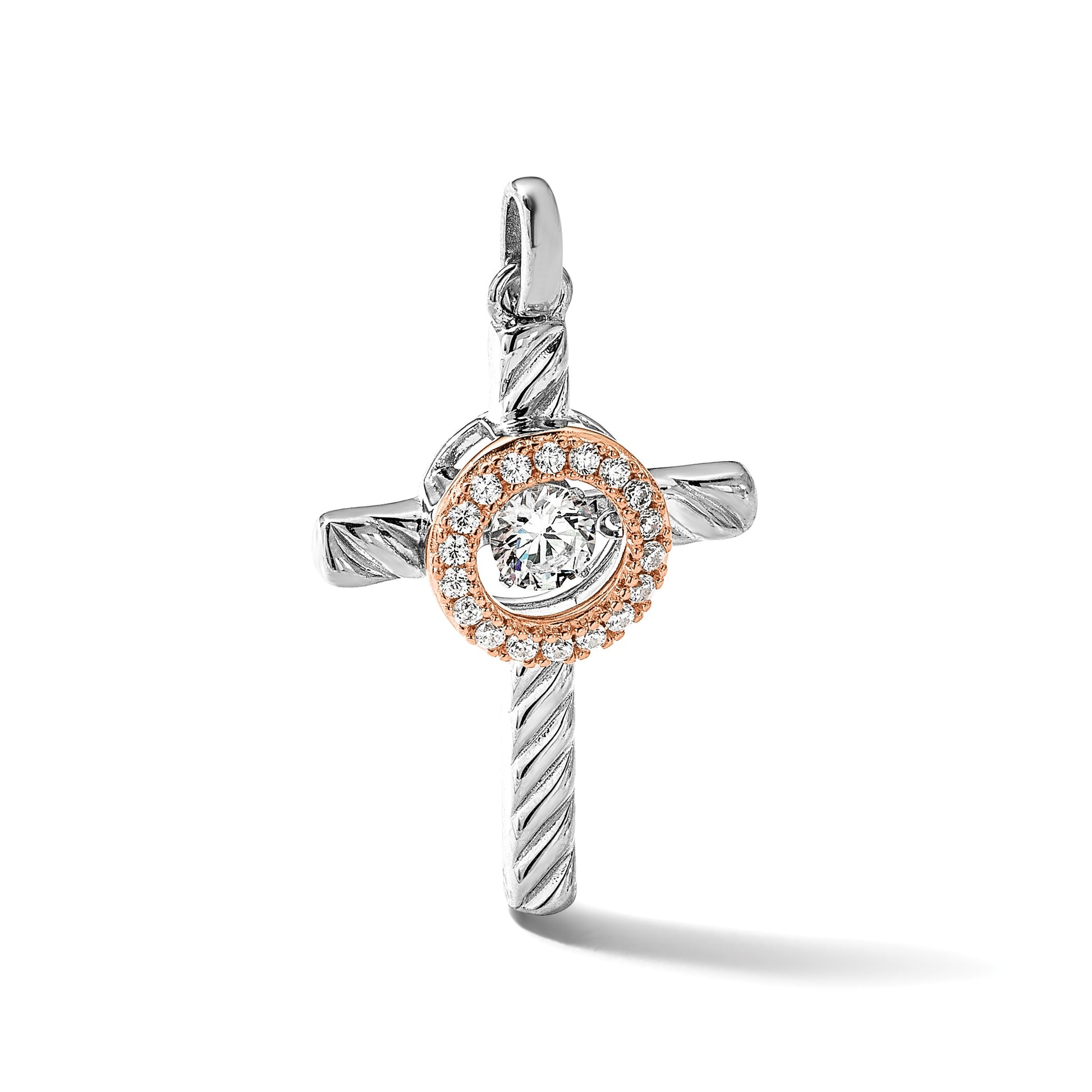Sterling Silver Plat-plate Rose & Gold-tone Vibrant CZ Cross Pendant