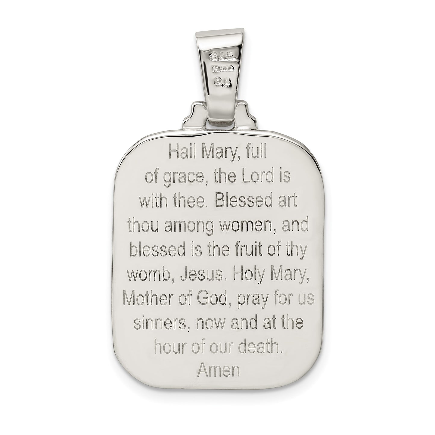 Sterling Silver Satin & Polished Mary w/Hail Mary Prayer Pendant