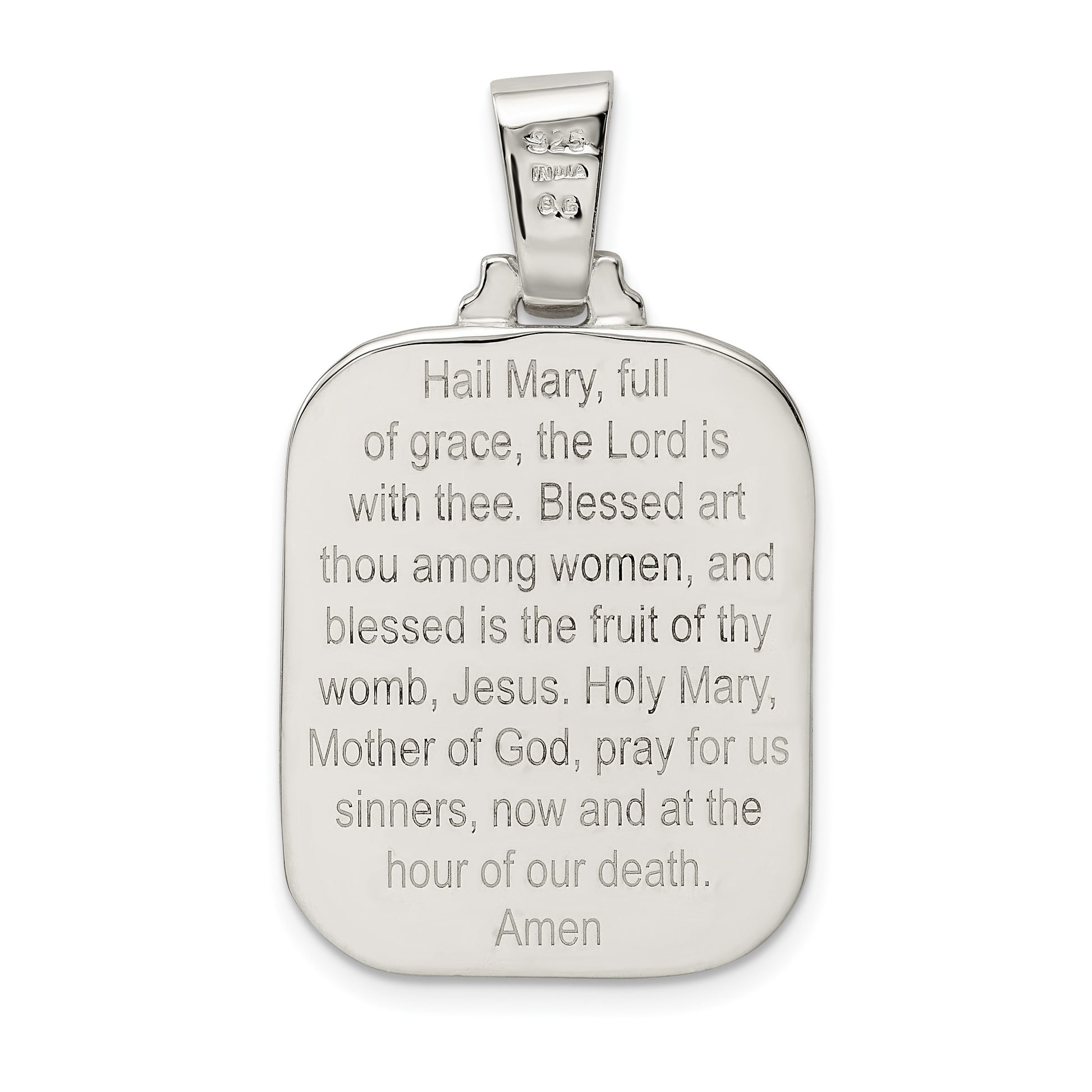 Sterling Silver Satin & Polished Mary w/Hail Mary Prayer Pendant