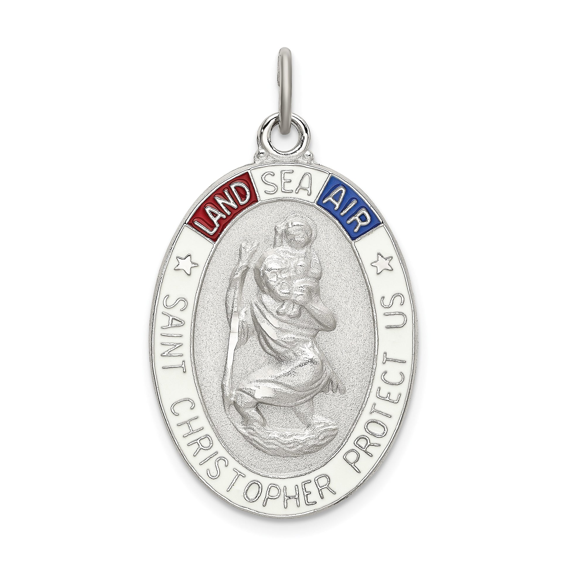 Sterling Silver Satin/Polished/D/C Enamel St Christopher Medal
