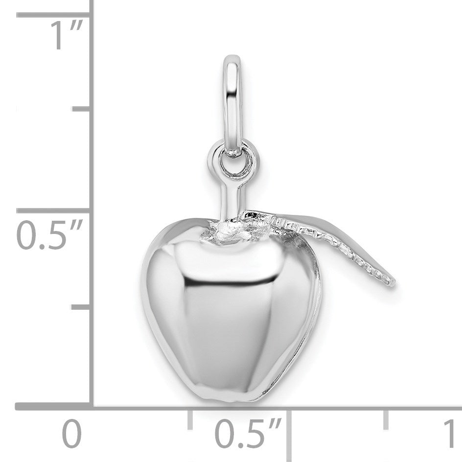 Sterling Silver Rhodium Plated Polished Puffed Apple w/ Leaf Charm