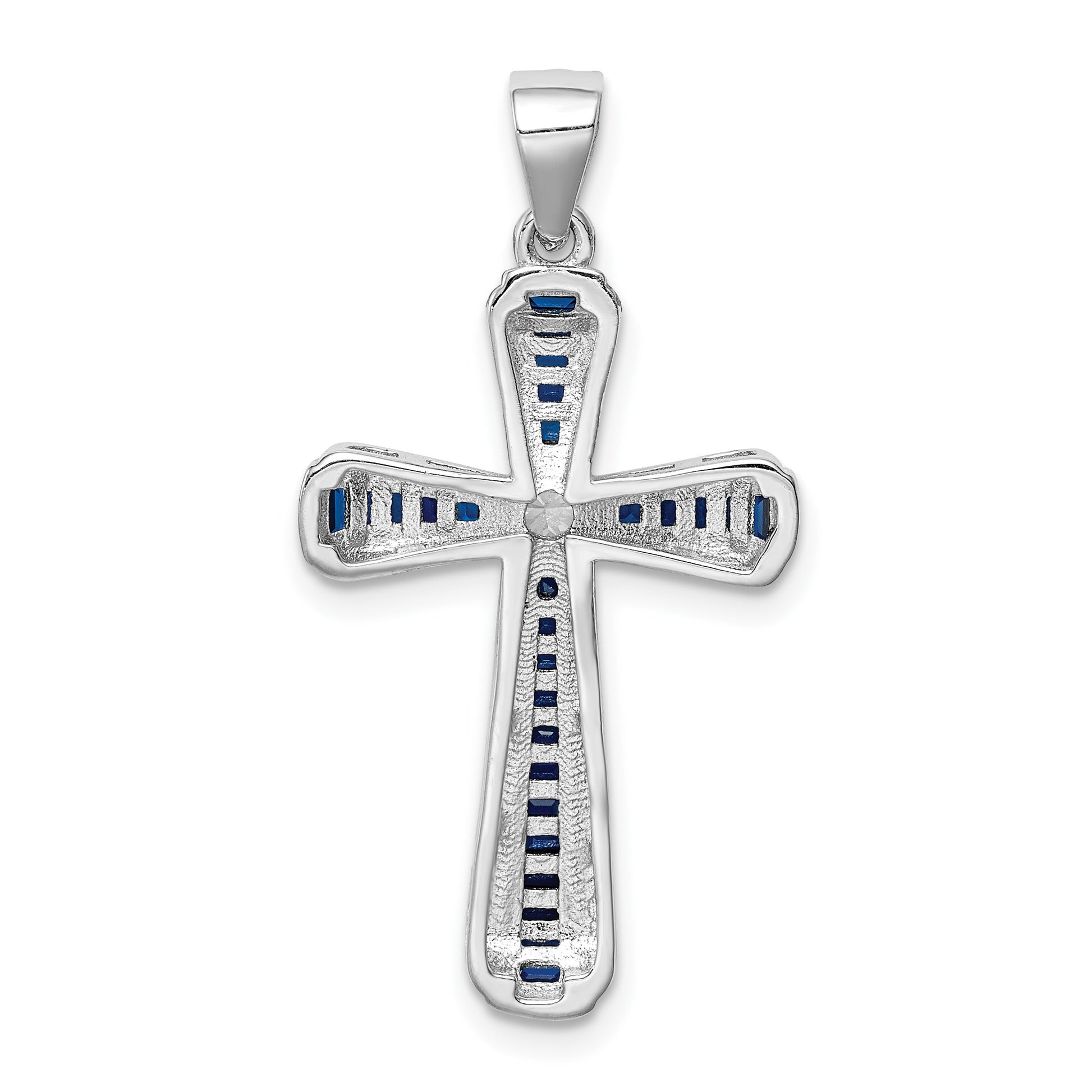 Sterling Silver Rhodium-plated CZ & Lab Cr. Blue Spinel Cross Pendant