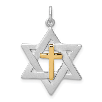 Sterling Silver Platinum-plated Gold-tone Cross Star of David Charm Pendant