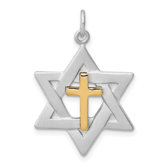 Sterling Silver Platinum-plated Gold-tone Cross Star of David Charm Pendant