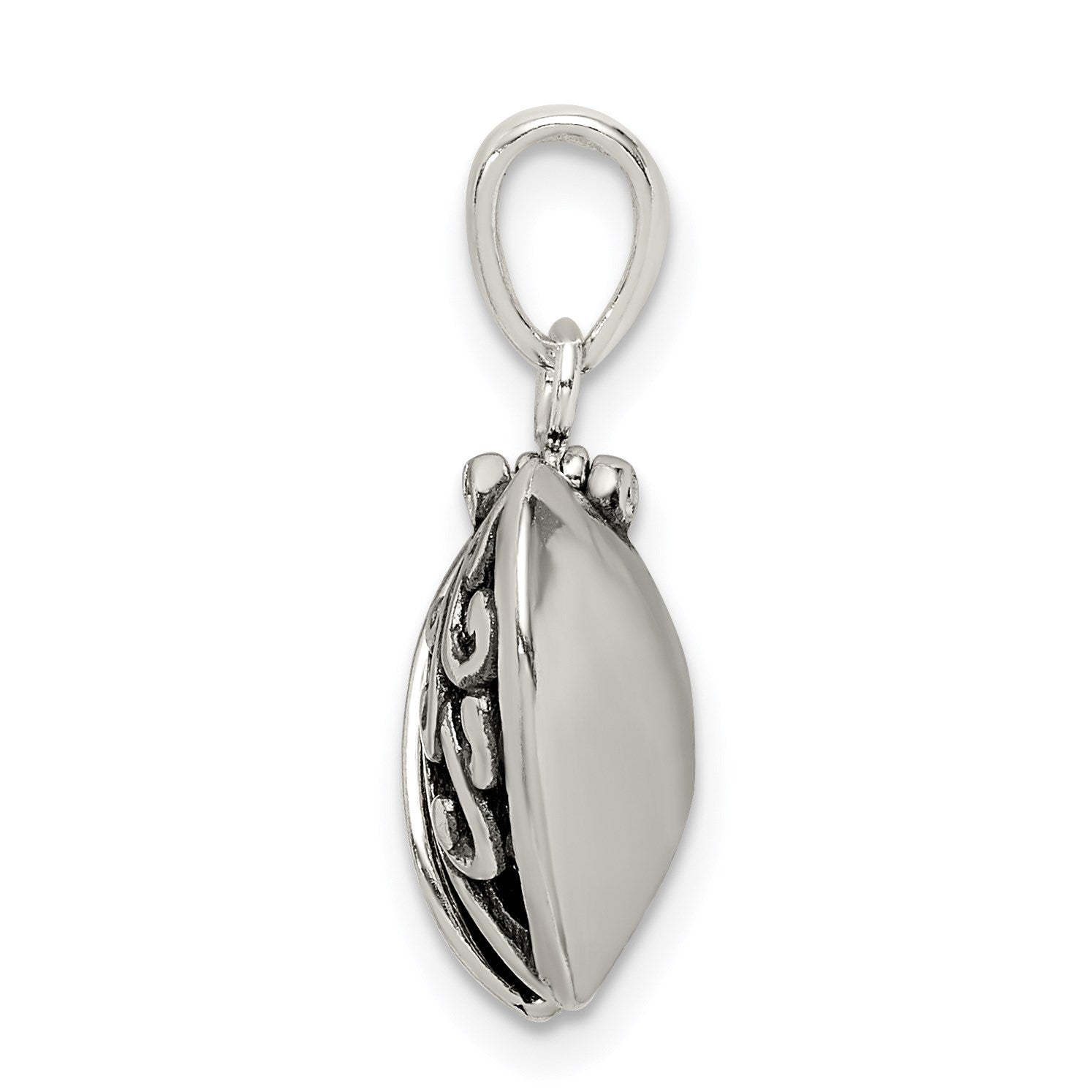 Sterling Silver Polished and Antiqued I LOVE YOU Message within a Decorative Scroll Patterned Moveable Opening Shell Heart Pendant