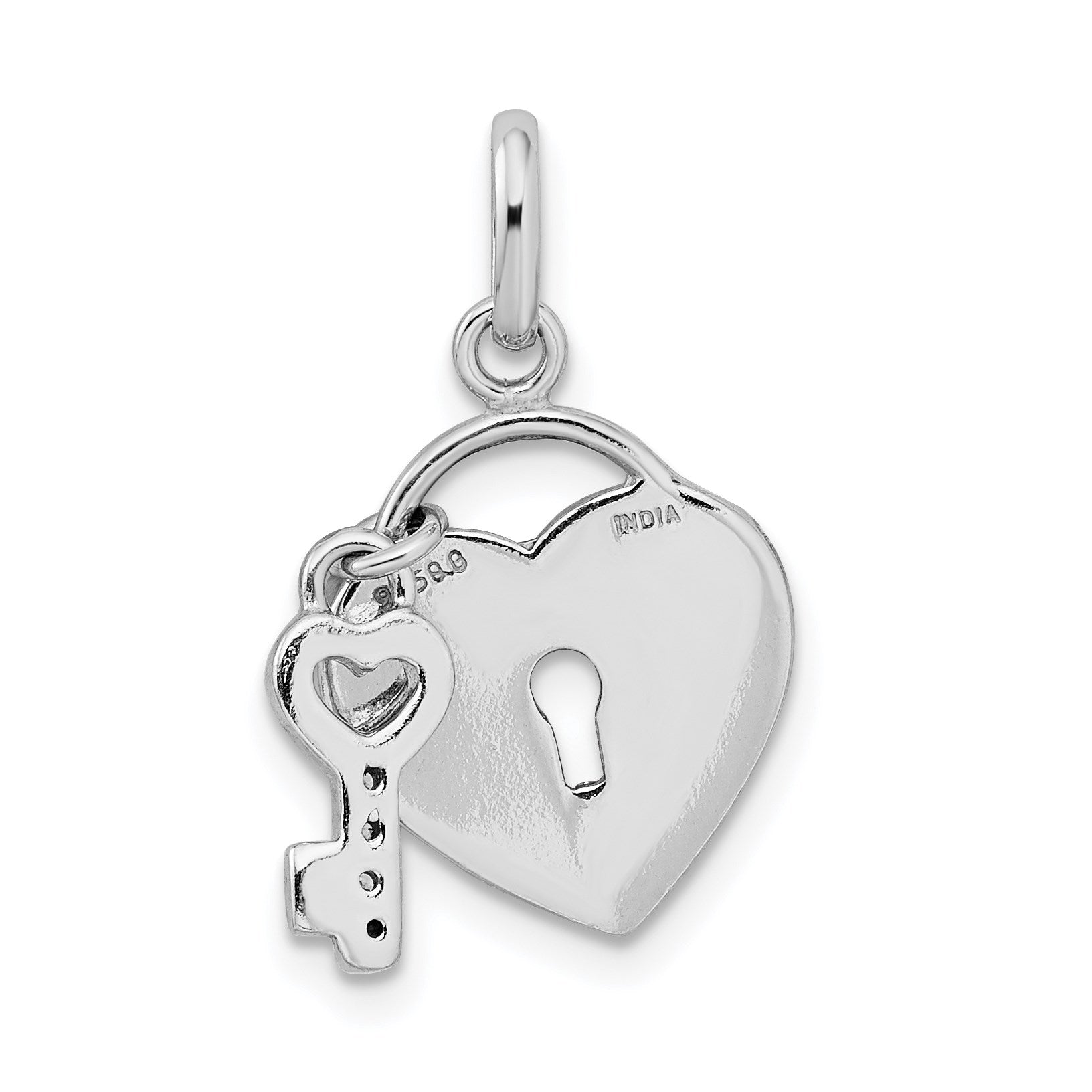 Sterling Silver Rhodium-plated CZ Glitter Infused Heart and Key Pendant