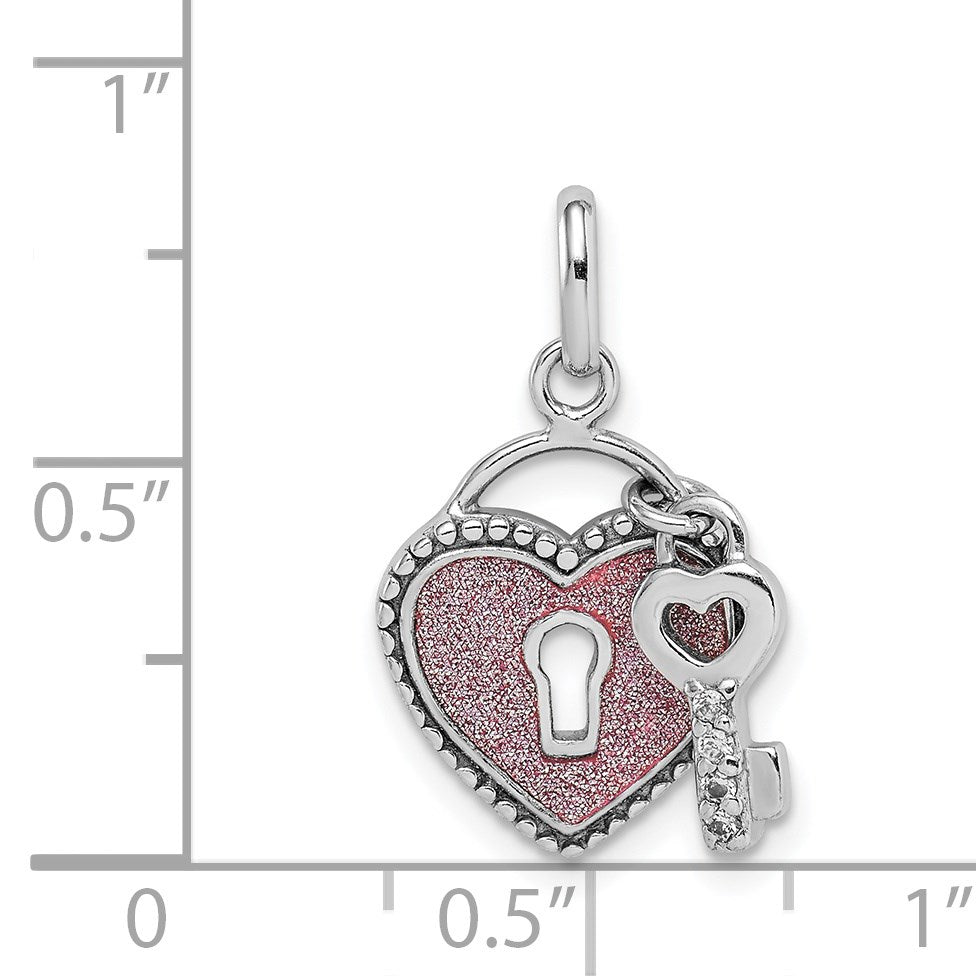 Sterling Silver Rhodium-plated CZ Glitter Infused Heart and Key Pendant
