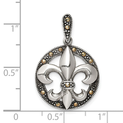 Sterling Silver Antiqued Marcasite Fleur De Lis Pendant