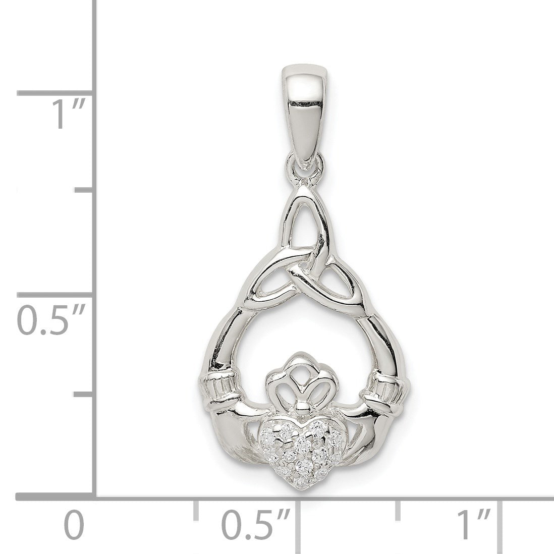 Sterling Silver Polished CZ Claddagh w/Trinity Knot Pendant