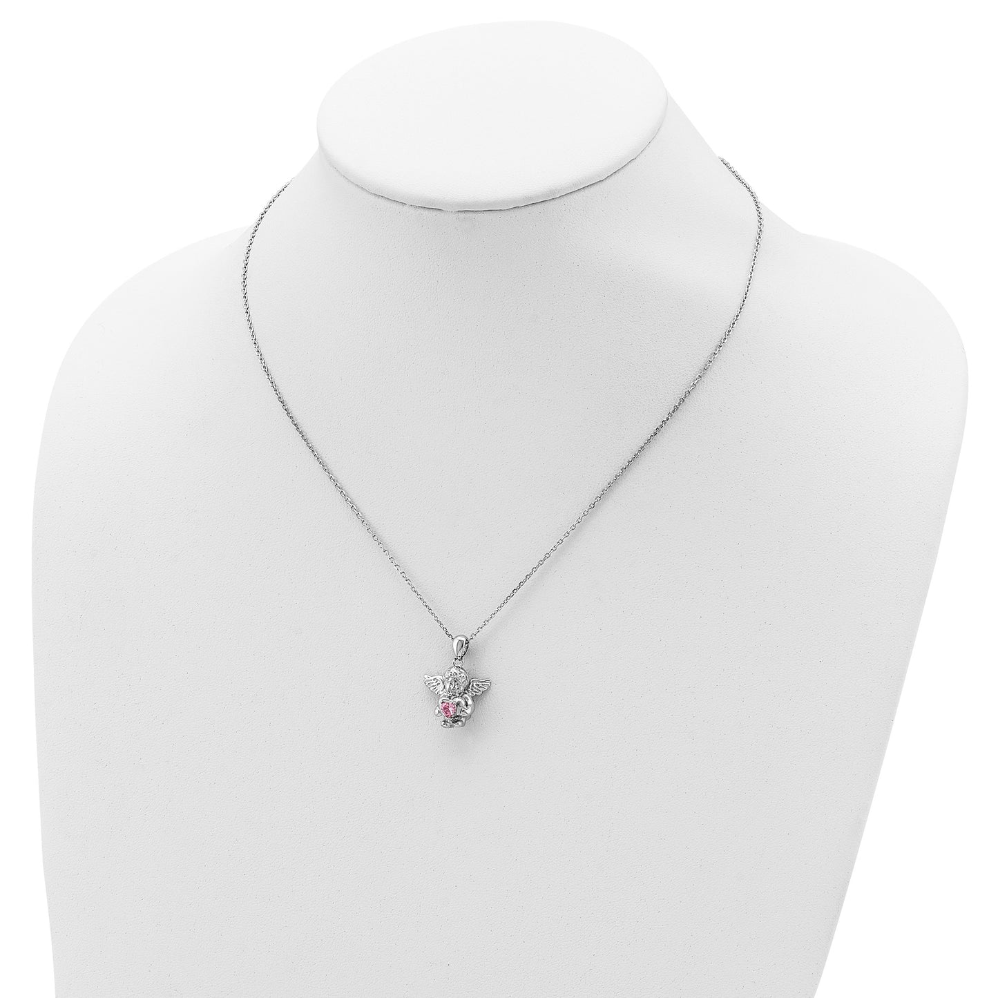 Sterling Silver RH-pltd CZ Oct Birthstone Angel Ash Holder 18in Necklace