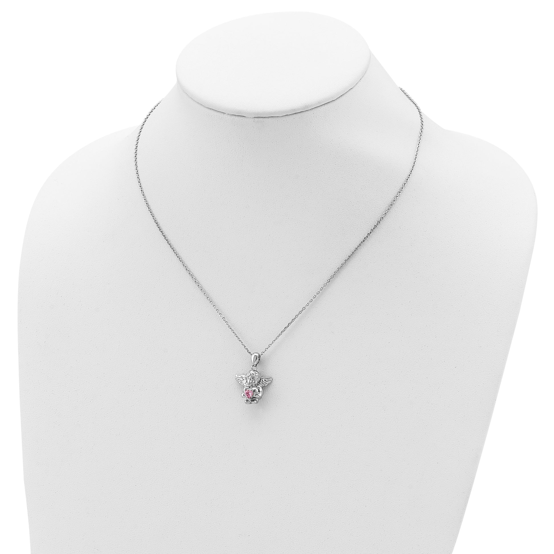 Sterling Silver RH-pltd CZ Oct Birthstone Angel Ash Holder 18in Necklace