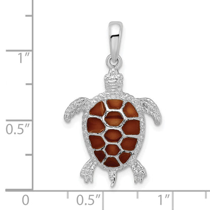 De-Ani Sterling Silver Rhodium-plated Polished Enameled Brown Sea Turtle Pendant