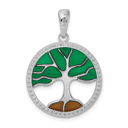 De-Ani Sterling Silver Rhodium-Plated Polished Enameled Tree of Life Pendant