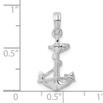 De-Ani Sterling Silver Rhodium-Plated Polished 3D Anchor with Rope Pendant