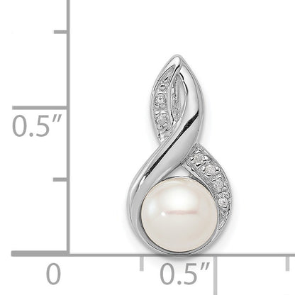 Sterling Silver Rhodium 6mm FW Cultured Pearl & Diamond Chain Slide