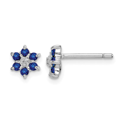 Sterling Silver Rhodium Sapphire & Diamond Post Earrings