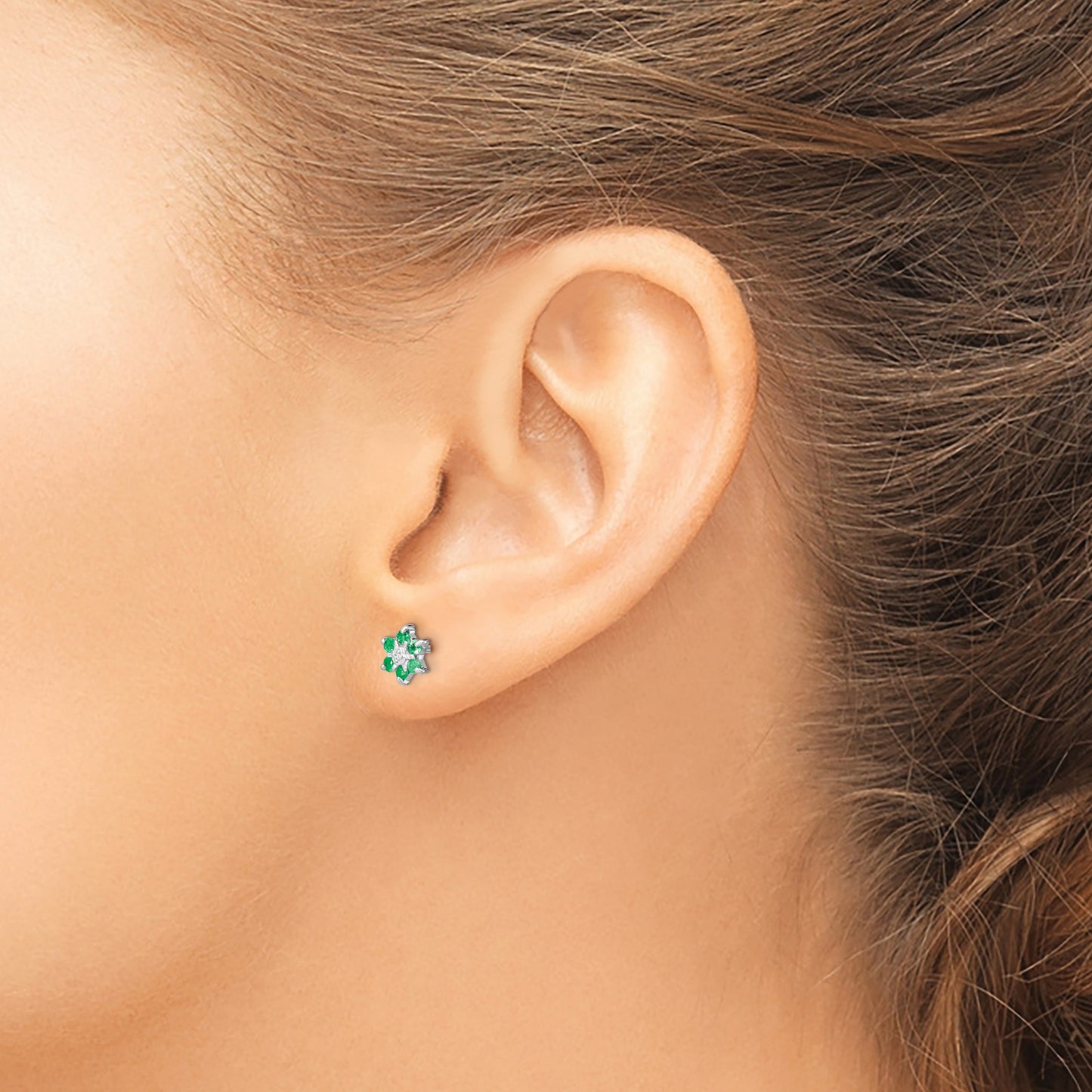 Sterling Silver Rhodium Emerald & Diamond Post Earrings
